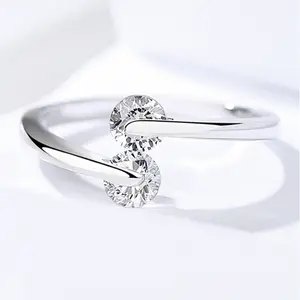 ANENJERY时尚银色精致简约戒指女性礼品双锆石承诺订婚戒指
