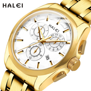 นาฬิกาข้อมือควอตซ์ HALEI รุ่นใหม่สำหรับผู้ชาย สีทอง ของแท้ แสดงวันที่แบบเดี่ยว กันน้ำ 3BAR กลไกญี่ปุ่น ขายส่งแบบดรอปชิปปิ้ง - Product Image 1