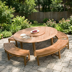 Ensemble de table à manger de jardin ronde en teck massif avec 4 bancs sans dossier incurvés et plateau tournant - Product Image 3