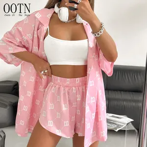 OOTN Conjunto De Duas Peças Pijama Rosa Tops de Manga Longa e Solto Cintura Alta Mini Shorts cetim pijama mulher