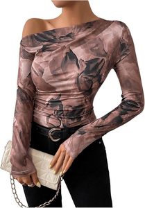 Summer Slim Fit <strong>Tie</strong> <strong>Die</strong> <strong>T</strong>-<strong>Shirt</strong> New Fashionable Printed Mesh Sexy One Shoulder Top Long Sleeve <strong>T</strong> <strong>Shirt</strong> for Women - Product Image 5