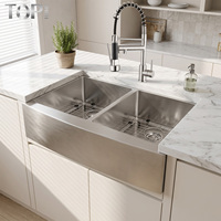 Évier de cuisine moderne en acier inoxydable, double bac rectangulaire, fait main, 16 gauge, finition brossée, à encastrer, style ferme de luxe