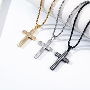 A niche, affordable luxury pendant featuring a <b>titanium</b> steel cross necklace inlaid with zircon and full diamonds, a popular hip - Product Image 2