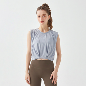 Débardeur de yoga court pour femme, à ourlet froncé, sans manches, col rond, ample, respirant, pour l'entraînement, le Pilates et le sport, vente en gros - Product Image 3