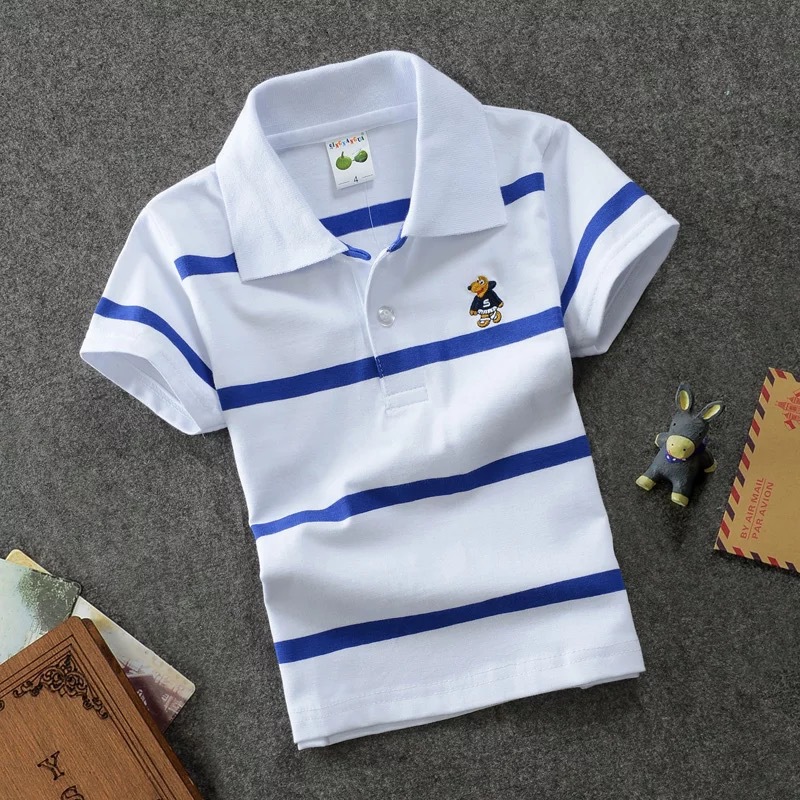 Kids Clothes Wholesale Apparel Short Sleeve Cotton Striped Tshirts for Big Kids 1-14 Years Turn-Down Collar Polo T Shirt