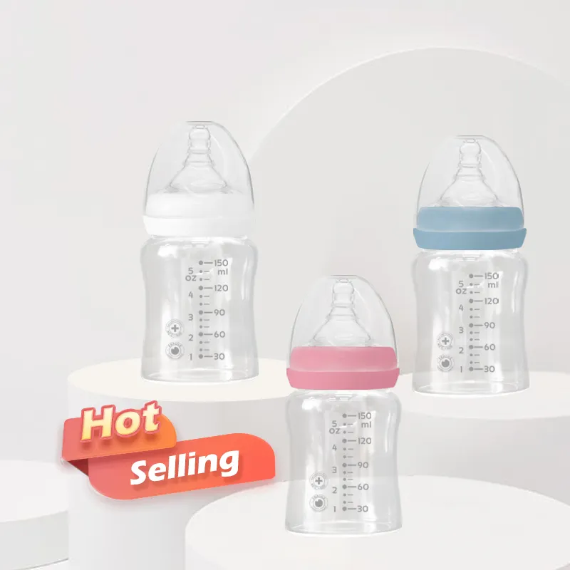 Amzone hot selling baby products wide neck borosilicate glass baby bottle organic feeding bottle for newborn baby