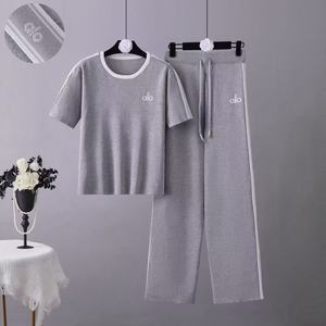 A-L-O Yoga Women's Bow Collar Short-Sleeve <strong>Viscose</strong>/Polyester Knitted <strong>Top</strong> &amp; Above Knee Wide-Leg Pants Two-Piece Set - Product Image 3