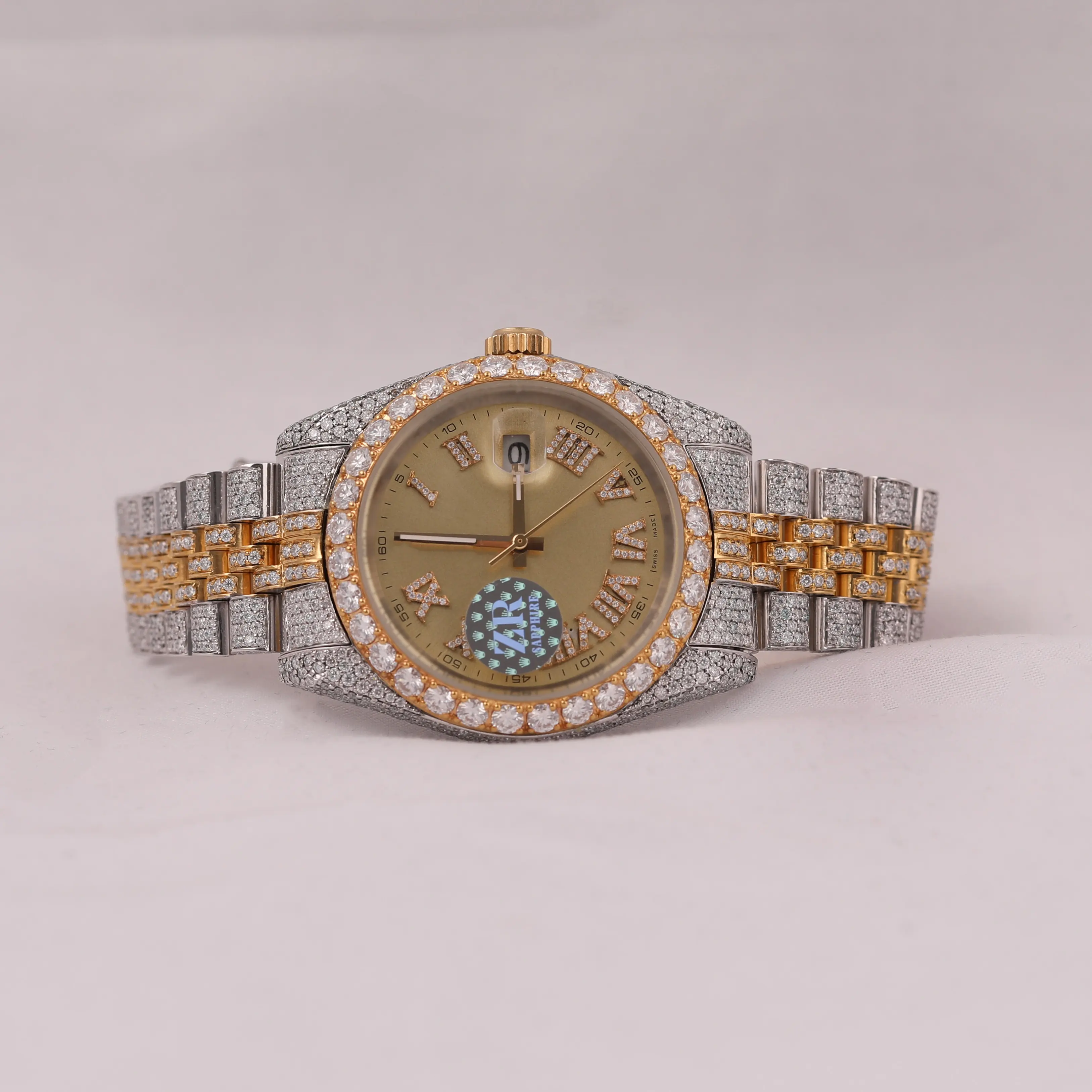 Arloji Dial warna emas, jam tangan berlian Moissanite/jam tangan mewah Stainless Steel-hadiah Ideal untuk pecinta Hip Hop