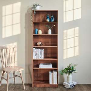 Bibliothèque moderne à 6 compartiments, réglable, en panneaux massifs, en panneaux E1 couleur noyer - Rangement compact et robuste pour salon - Stock fabricant - Product Image 2