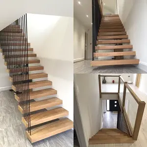 Tangga lipat kayu padat desain kontemporer membangun tangga kayu mengambang untuk penggunaan dalam ruangan di apartemen dan vila