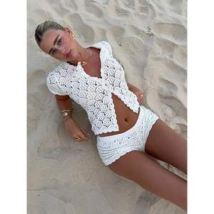 Custom 2026 <b>Women's</b> Crochet Hollow Out 2 Piece Set V Neck <b>Short</b> <b>Sleeve</b> <b>Shirt</b> And <b>Shorts</b> Beachwear Summer Vacation Outfit - Product Image 2