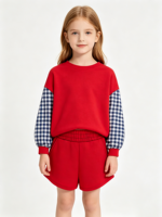 Ensemble personnalisé pour bébé fille : sweat-shirt à manches longues en polyester peigné à carreaux et short à taille élastique