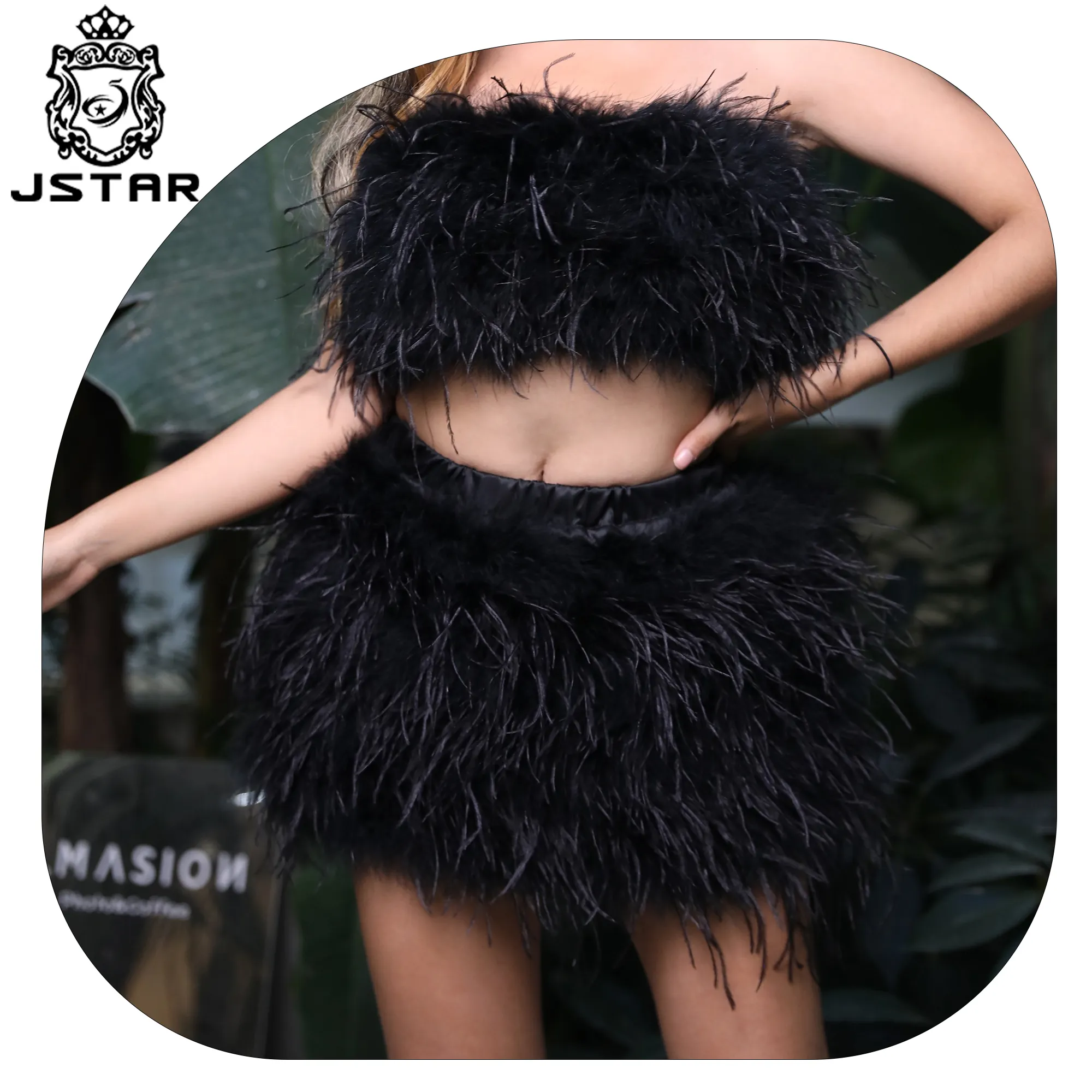 Jstar Y2K OEM custom made logo women club & party real feathers top black feather dress mini skirt suit