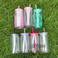 Gobelet en plastique transparent de 12 oz à double paroi en acrylique sans BPA, avec trou pré-percé, style globe à neige, pour bière, avec couvercle et paille, expédié depuis l'entrepôt américain