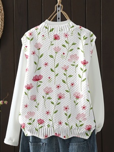 <span class=keywords><strong>Gilet</strong></span> in Maglia Senza Maniche da <span class=keywords><strong>Donna</strong></span> con Collo Rotondo, Stampa Integrale a Trasferimento Termico di Fiori Rosa e Foglie Verdi, <span class=keywords><strong>Gilet</strong></span> Casual Quotidiano - Product Image 2