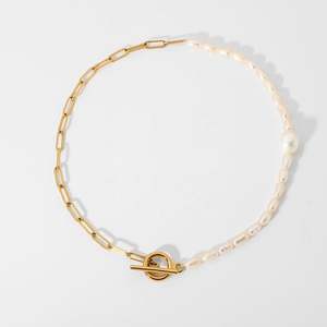 طقم مجوهرات جديدة عصرية من الفولاذ المقاوم للصدأ 18 قيراط من سلسلة ربط لؤلؤ المياه العذبة مع مشبك لؤلؤ - Product Image 3