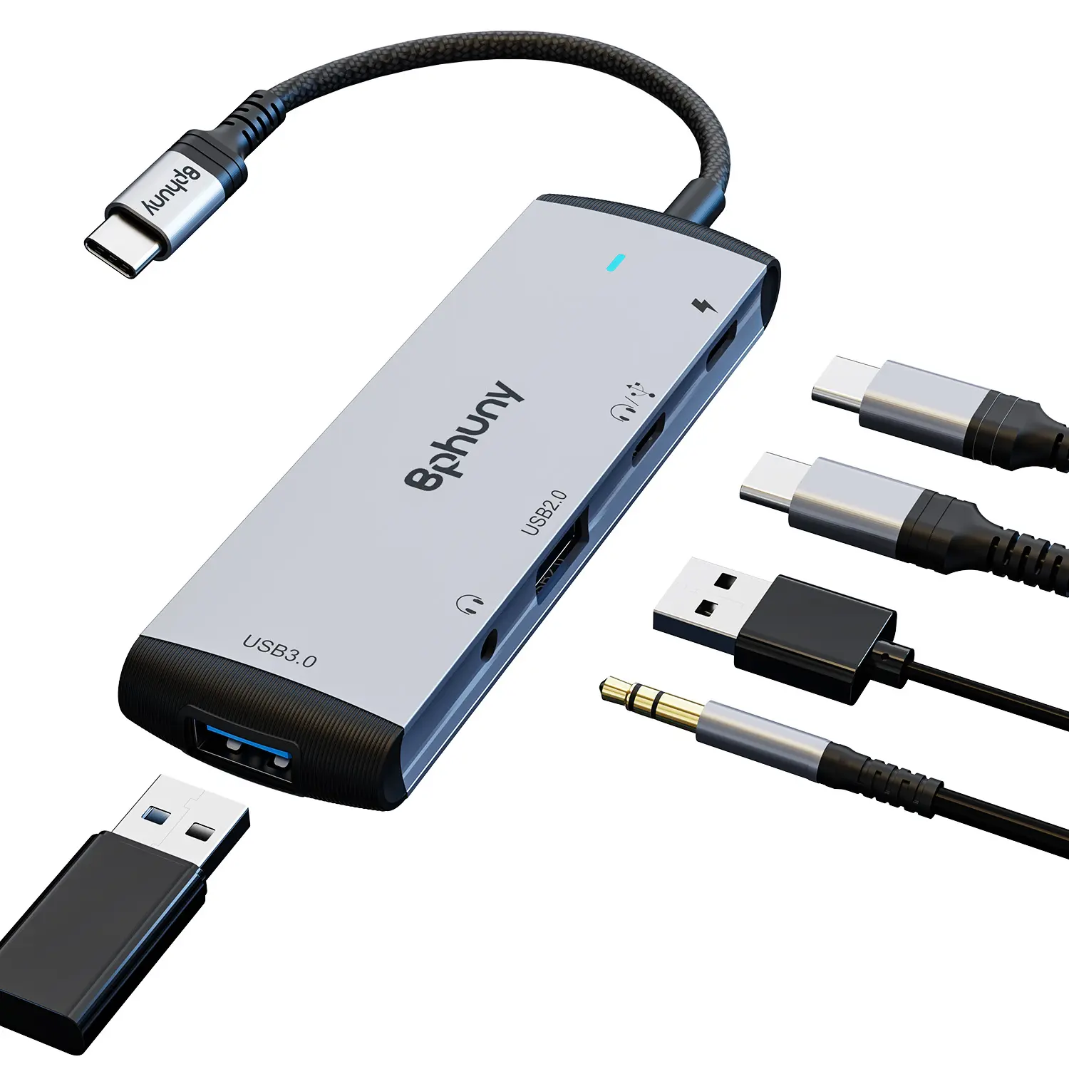 Adattatore USB C Aux, Hub di tipo C 5 in 1 con Jack USB 3.0/USB 2.0/3.5mm/porta per cuffie USB di tipo C e Dongle di ricarica da 60W