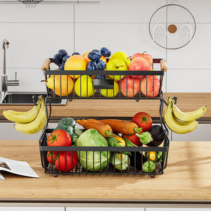 Kitchen Counter Fruit Vegetable Storage <strong>Rack</strong>, Two Tier Wire Basket Organizer with Banana Hooks for Fruits <strong>Veggies</strong> Snacks Storage - Product Image 4