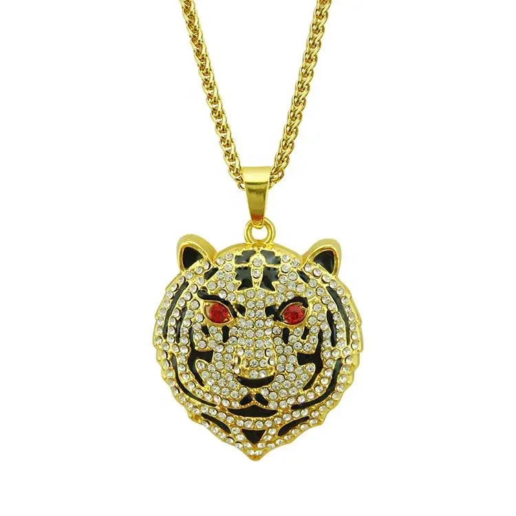 Hip hop gold chain with alloy and rhinestone red eye tiger head pendant necklace