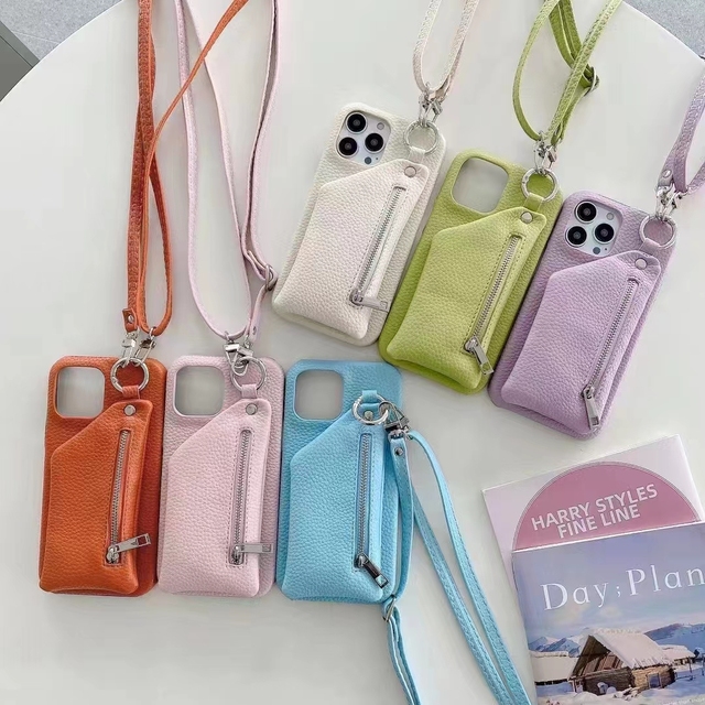 Top Luxury for Iphone 14 Pro Mobile Cell Phone Cover Zippered Card Holder Full Grain Artificial Lanyard Pu Leather Phone Case