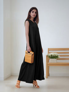 Robe longue noire sans manches, fluide, couleur unie, col chemise, décontractée, élégante, vêtement islamique, quotidienne, Ramadan, respirante, ample - Product Image 4
