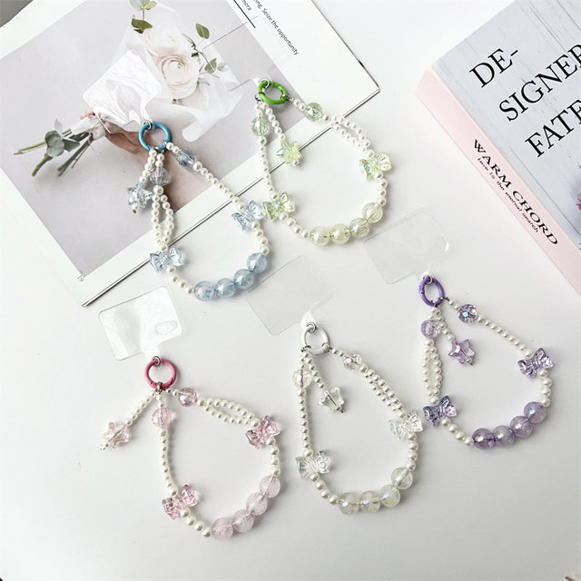 Hot Selling Translucent Acrylic Crystal Bow Star Phone Charms Pearl Beaded Mobile Phone Chain