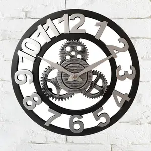 40 ซม.เกียร์สไตล์นาฬิกาแขวน MDF การออกแบบอุตสาหกรรมควอตซ์ตกแต่งบ้านเข็มจอแสดงผลนาฬิกาห้องสด