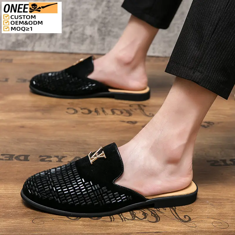 Black Men Dress Shoes Loafer Silver Slissers Closed Toe Walking Sandals Fashion Trend Half Summer Men's luxury brand shoes