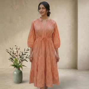 Robe longue indienne imprimée au bloc, 100 % coton, écologique, décontractée, style bohème pour femme, taille naturelle, prix de gros - Product Image 1