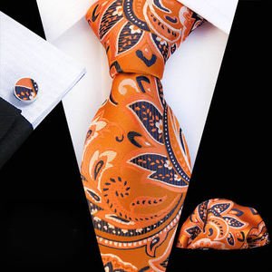 Wholesale Custom Design Dark Blue Gold <strong>Orange</strong> Floral Mens Neckties With <strong>Pocket</strong> <strong>Square</strong> Cufflinks Silk <strong>Ties</strong> for Men - Product Image 1