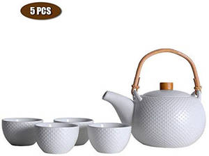 Théière <span class=keywords><strong>japonaise</strong></span> en céramique faite à la main, service à thé blanc en céramique avec poignée en rotin et 4 tasses à thé, ensemble cadeau, 6 pièces - Product Image 2