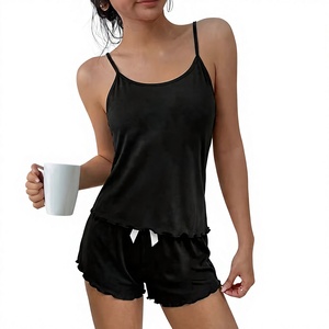 Women Jersey 2-Piece Lounge Set Sleeveless Cami Shorts Solid Color Summer Wear Breathable Cozy Elegant Sleepwear Elastic Waist - Product Image 1