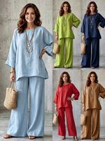 Ensemble décontracté 2 pièces pour femme en mélange coton-lin, coupe ample, col rond, haut à manches 3/4 et pantalon large, tenue de détente