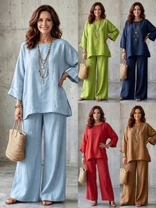 Custom Loose Fit Cotton Linen Blend <strong>Women</strong> 2 <strong>Piece</strong> Set Casual Crew Neck <strong>3</strong>/4 Sleeve Top and Wide Leg Pants Loungewear <strong>Suit</strong> - Product Image 2