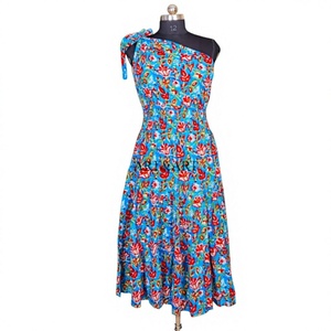 One Shoulder Floral Printed Midi Dress Women's A-Line Sleeveless Summer Casual Woven Blue Red Pattern Dress - Product Image 1