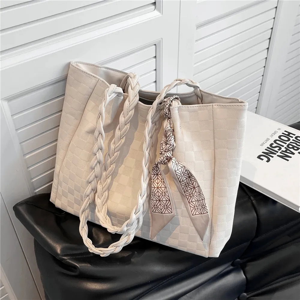Scarf Braided Strap Checkered Large Shoulder Tote Bags For Women Summer 2022 Trend Fashion Work Shopper Ladies Handbags set