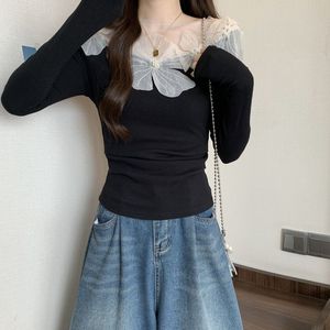 Chemisier T-shirt côtelé à col en maille florale 3D pour femme, manches longues, coupe ajustée, décontracté, tendance - Product Image 5