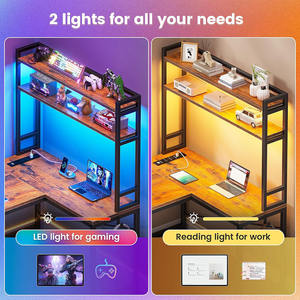 <span class=keywords><strong>Bureau</strong></span> de jeu en forme de L pour la maison et le <span class=keywords><strong>bureau</strong></span> Lumières LED Prise de courant Étagères de rangement Crochets Marron rustique pour les petits espaces - Product Image 2