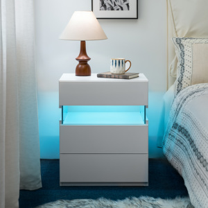 LED Nightstand 3 <b>Drawer</b> Dresser White With RGB Lighting Bedside Table Bedroom <b>Storage</b> Furniture - Product Image 1