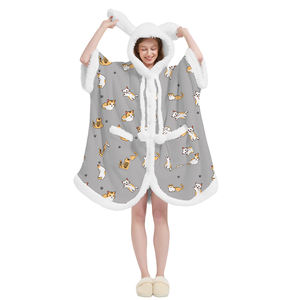 Poncho <span class=keywords><strong>d</strong></span>'intérieur en polaire pour filles <span class=keywords><strong>d</strong></span>'hiver, style dessin animé, avec grandes oreilles de lapin en fausse fourrure, pompons, capuche, <span class=keywords><strong>cape</strong></span>, haut, pyjama - Product Image 4