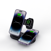 Chargeur sans fil magnétique transparent 4-en-1 15W avec support double pour téléphone et lumière LED, pour téléphone, montre S1 S10, écouteurs, bureau et voyage