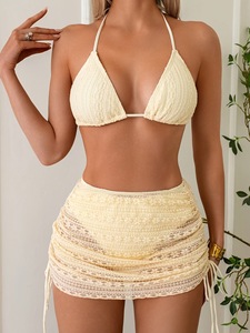 Custom Women's Bikini Sets Three Piece Swimsuit Textured Halter String Tie Side High Waist Bathing Suits with Cover up Skirt - Product Image 1