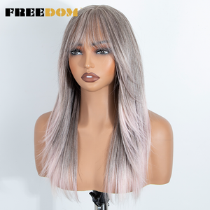 FREEDOM Perruque Lace Front en fibre haute température avec frange, 20 pouces, lisse, dégradée, pré-coupée, pour blonds et bruns, pour <span class=keywords><strong>cosplay</strong></span> rose - Product Image 4