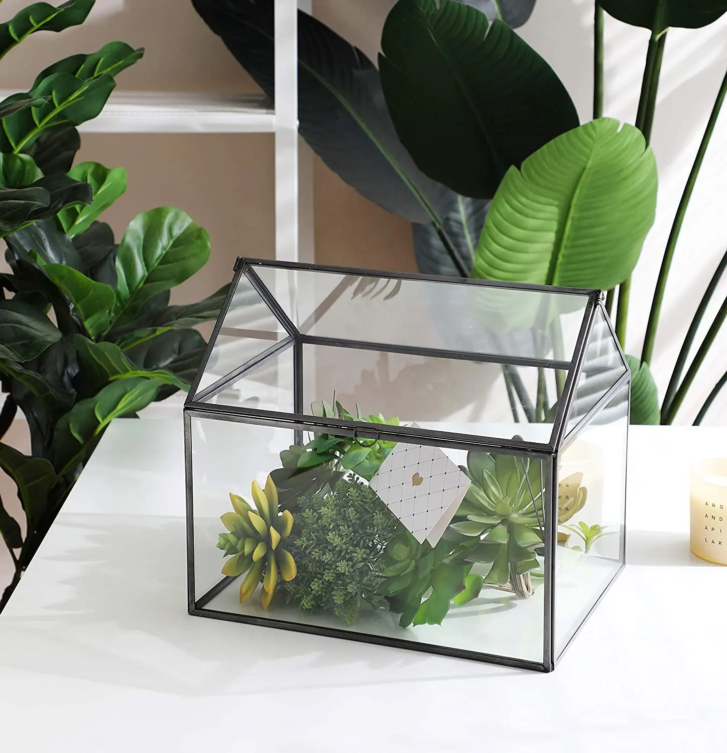 Zwart Grote Glazen Geometrische Terrarium Container Tafelblad Huis Vorm Doos Planter Met Swing Moss Fern Deksel