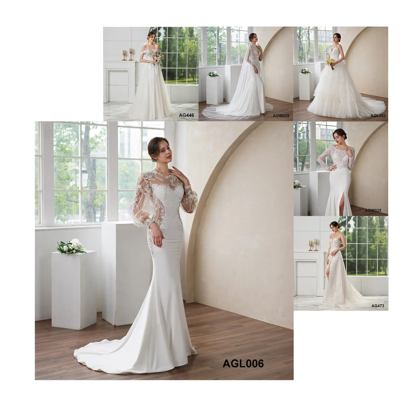 mermaid puffy long sleeve waist transparent design women gowns real model Wedding Dresses