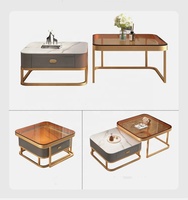 Nouvelle Table Basse Carrée Centrale Design avec Rangement en Bois et Tiroirs Gigognes en Verre Doré