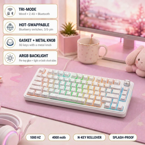 Tri Mode Mechanical Keyboard Hot Swappable Blueberry Switch Gasket Mount 80 Keys Metal <strong>Knob</strong> PC Gamer - Product Image 3