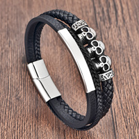 Bracelet pour homme en acier inoxydable avec tête de crâne en cuir véritable tissé à la main, boucle magnétique, bijoux punk de haute qualité, cadeau