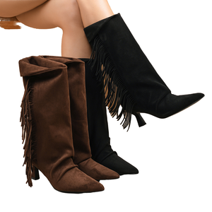 รองเท้าบูทแฟชั่นสไตล์ตะวันตกสีม่วงลายสก็อตบุขนสัตว์สูงถึงเข่า ส้นสูง เซ็กซี่ อุ่นสบาย สำหรับฤดูใบไม้ร่วงและฤดูหนาว ช่วยเพิ่มความสูง - Product Image 1