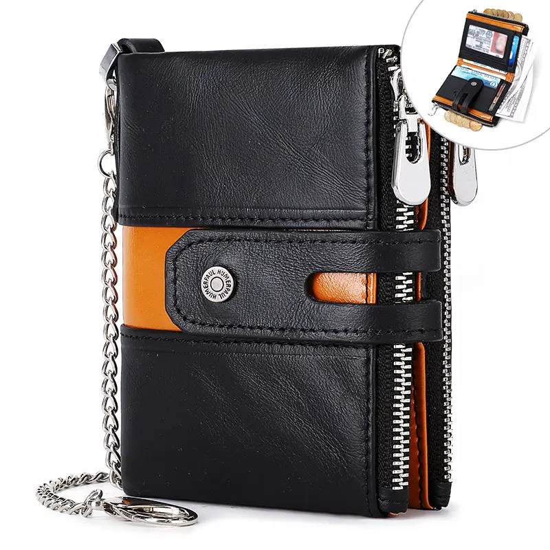 HUMERPAUL New Contrast-Color Card Wallet Purse With Zip Key Chain Leather Vintage Male Bag Clutch Short Leather Wallet Man